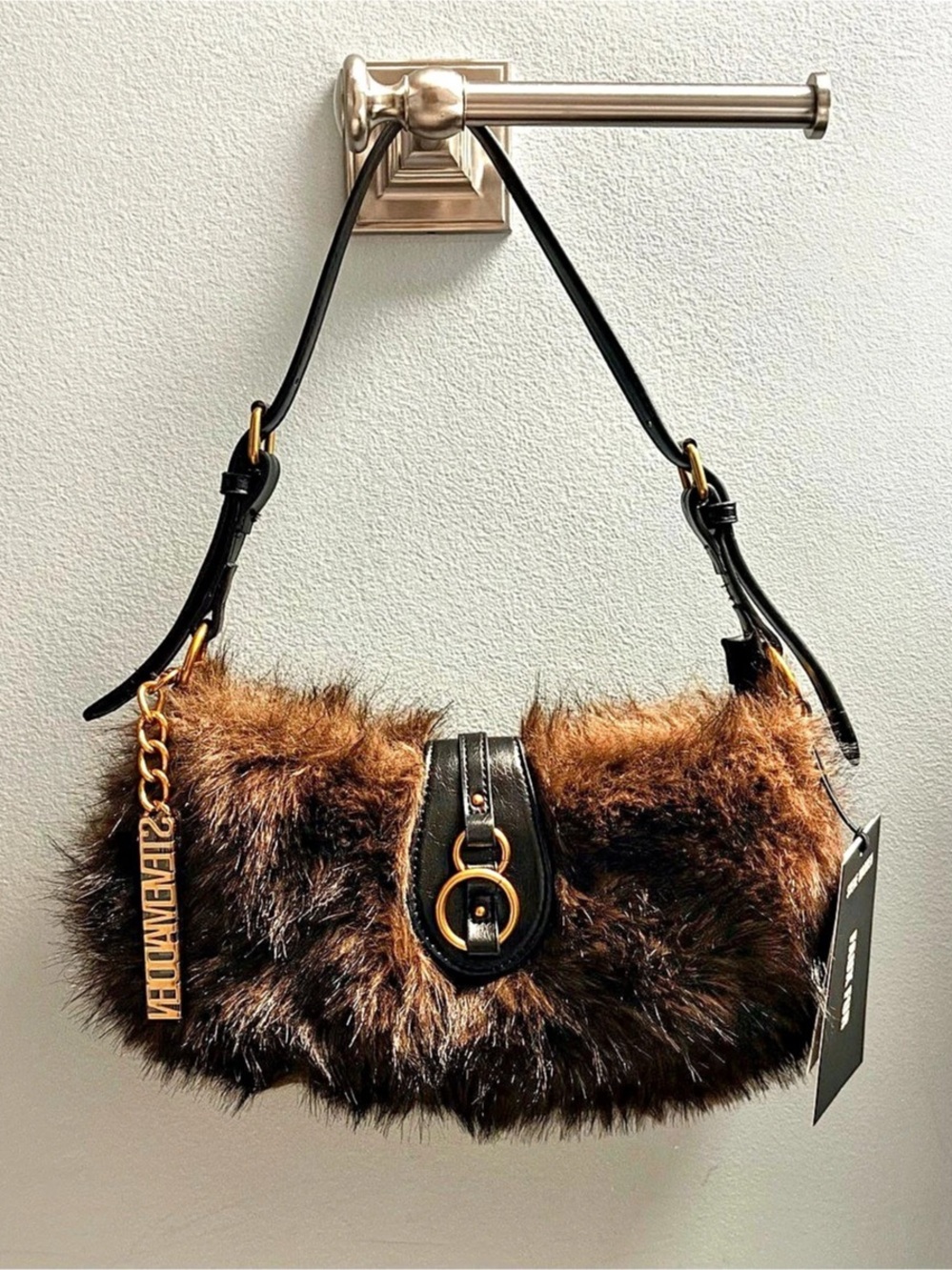 NWT Steve Madden Brown Faux Fur Shoulder Bag Purse Flap Closure Gold Hardware